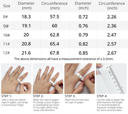 Ring Size Chart with measurements and usage instructions.